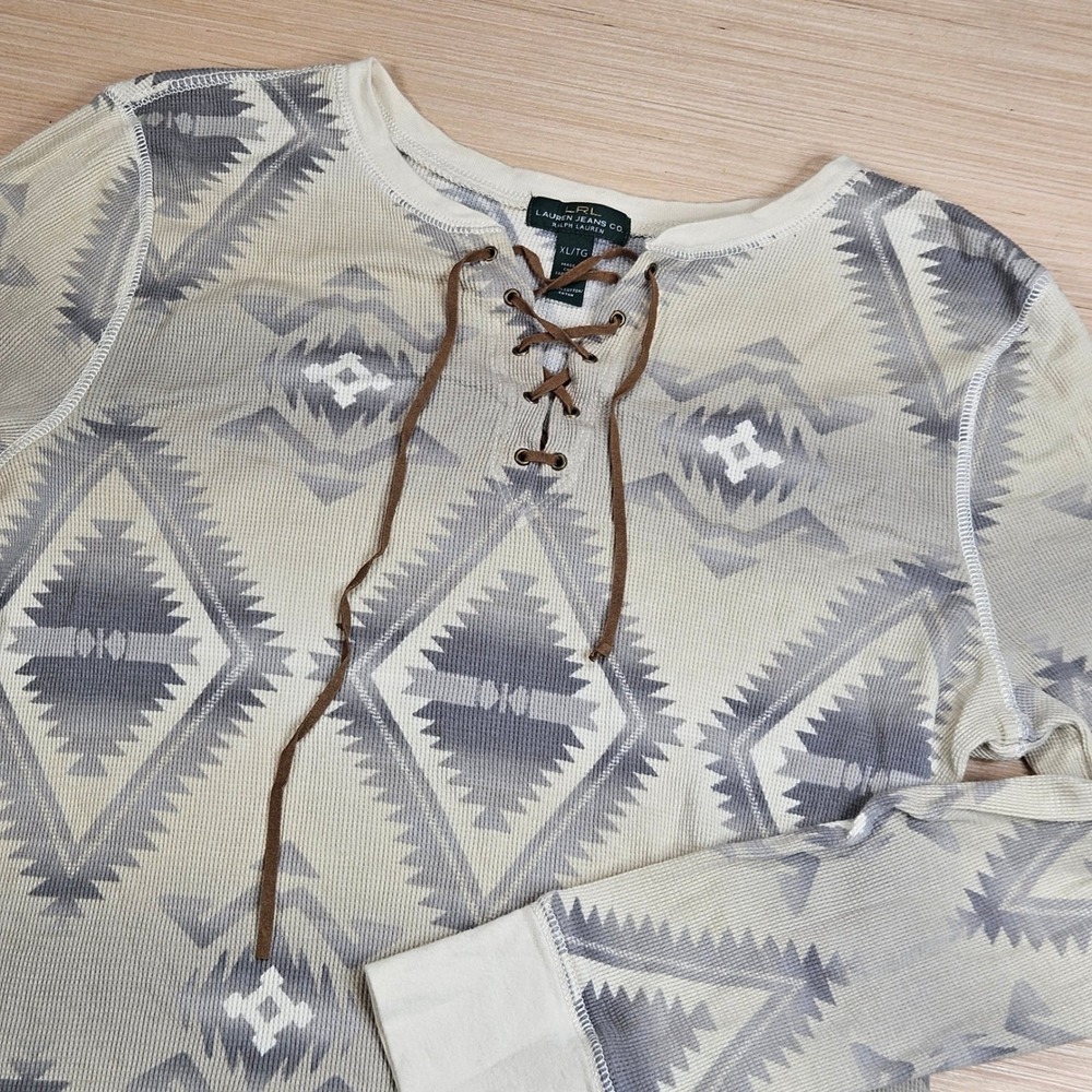 Lauren Ralph Lauren Aztec Lace Up Henley Thermal Top Women XL Gray Southwest